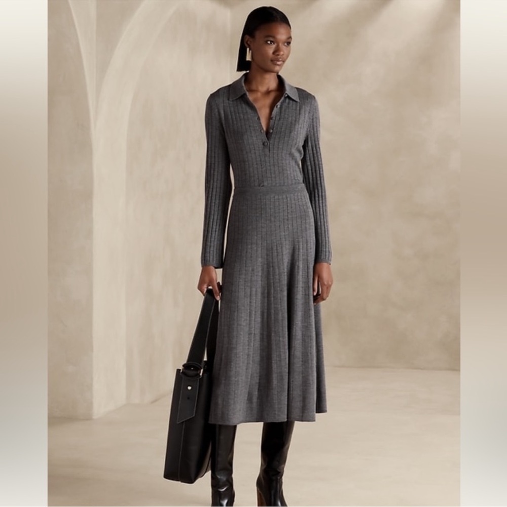 Nezha Merino Wool Sweater Skirt Banana Republic Gray Pleated XS NWT